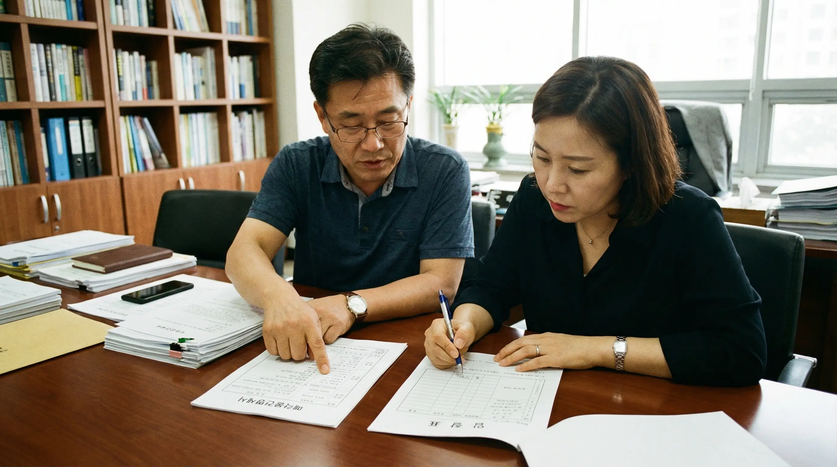 경매 전문가와 함께 매각물건명세서를 검토하고 안전하게 입찰표를 작성하는 모습