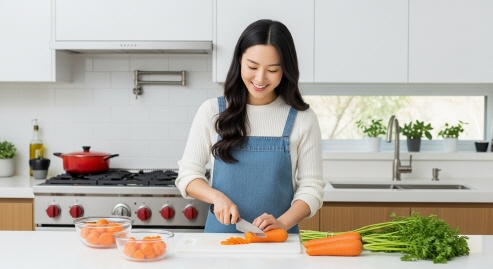주방에서 당근을 자르는 모습