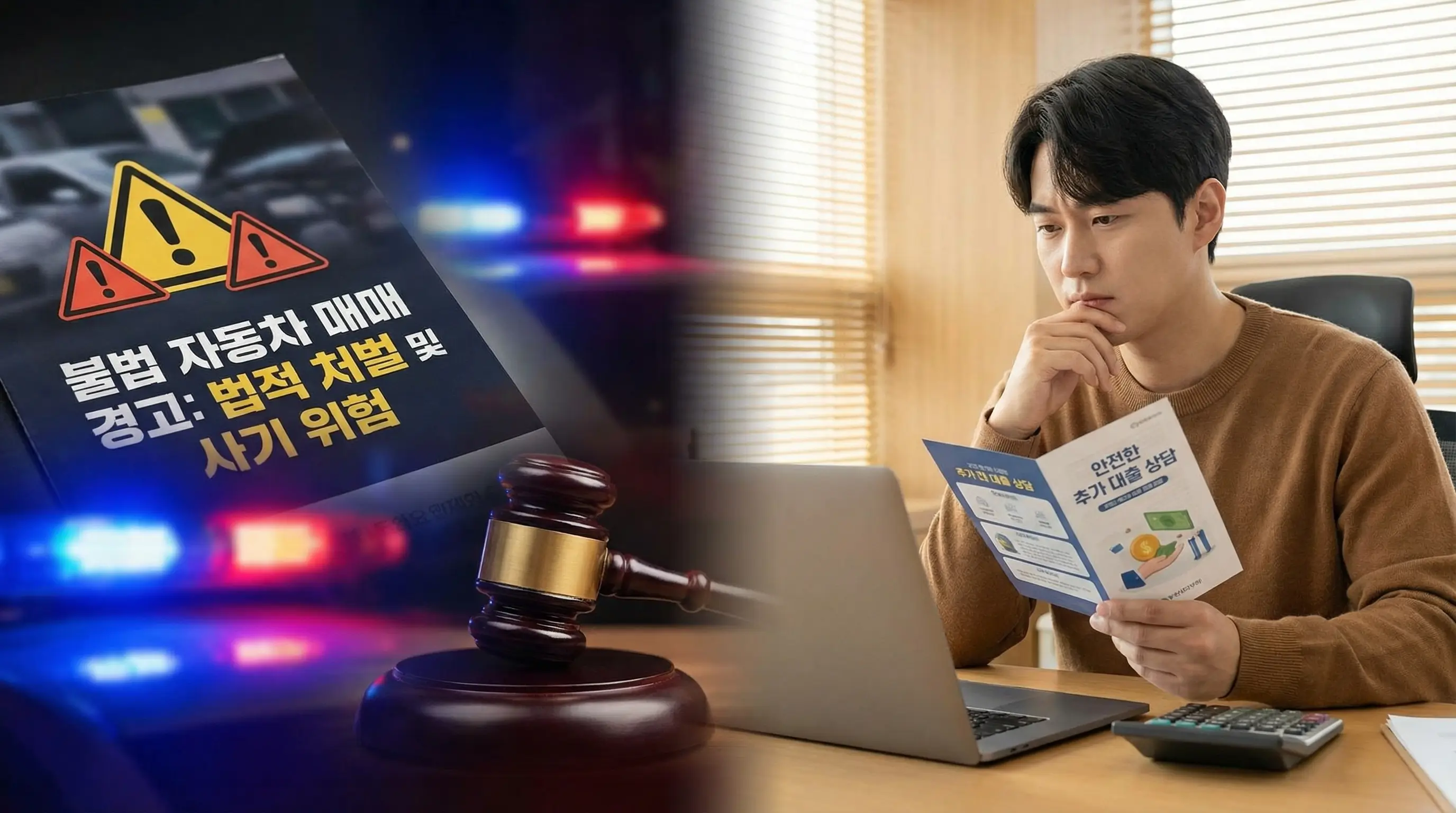 자동차 임의 매매의 위험성과 법적 처벌을 경고하고 안전한 추가 대출을 고민하는 모습
