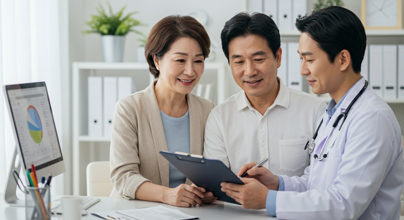 건강검진 후 의사와 상담하며 안심한 표정의 중년 부부