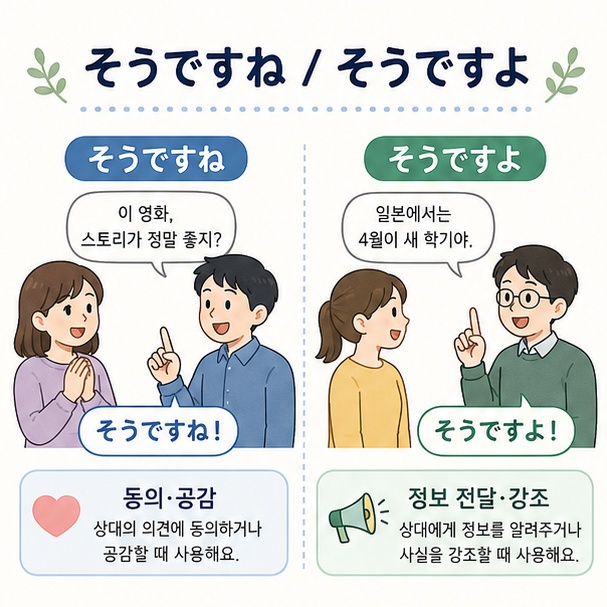 일본어 そうですね는 동의와 공감, そうですよ는 정보 전달과 강조의 느낌이 있다는 차이를 설명한 그림