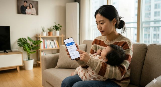 아동수당 신청을 위해 스마트폰으로 복지로 접속하는 부모 모습