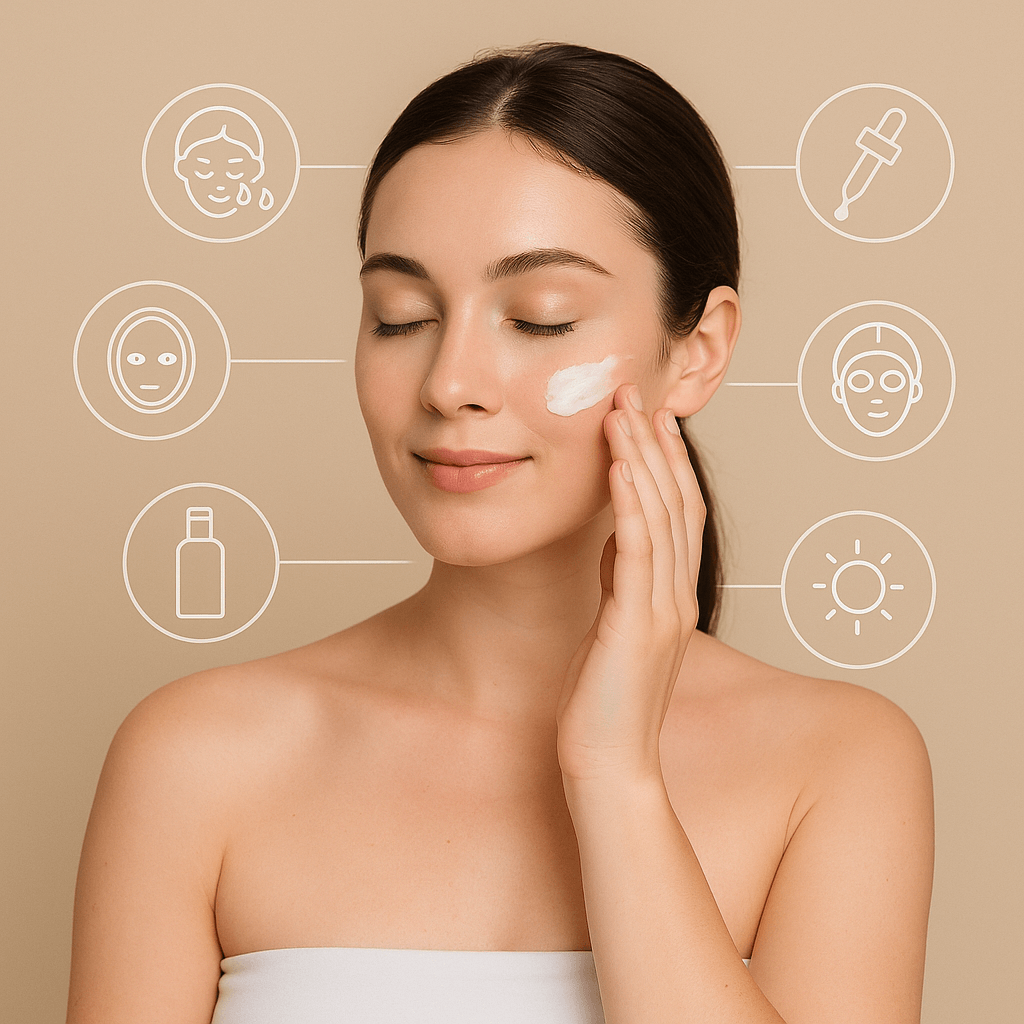 피부 장벽 케어 가이드를 따라 젊은 여성이 세안 후 피부 관리를 하고 있다.