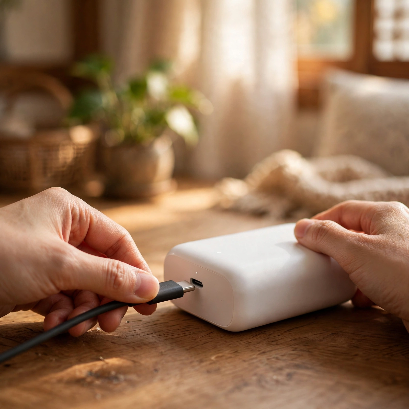 보조배터리 충전 포트에 USB-C 케이블을 연결하는 장면