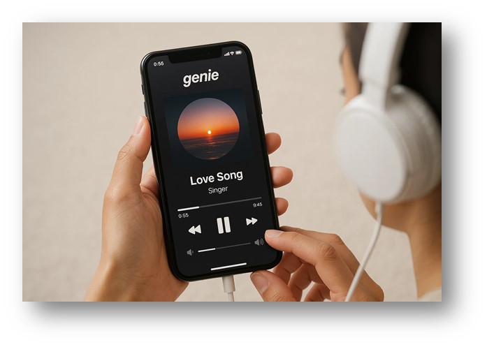 지니뮤직 앱으로 원하는 음악을 스마트폰에 실행시킨후 헤드셋을 연결해서 듣고는 있는 사용자의 모습