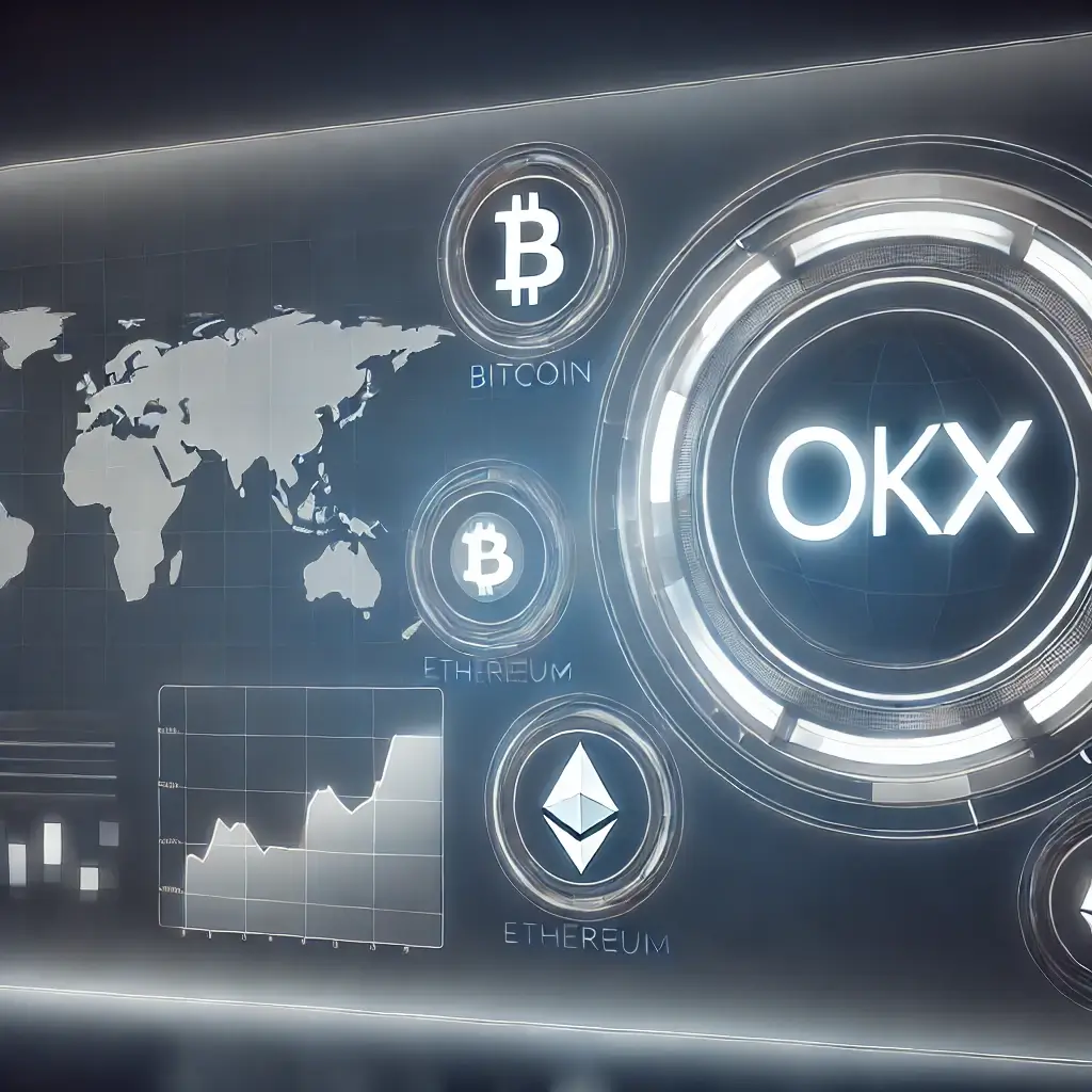 OKX 글로벌 암호화폐 거래소 인터페이스, 비트코인 및 이더리움 등의 디지털 자산 아이콘과 거래 그래프