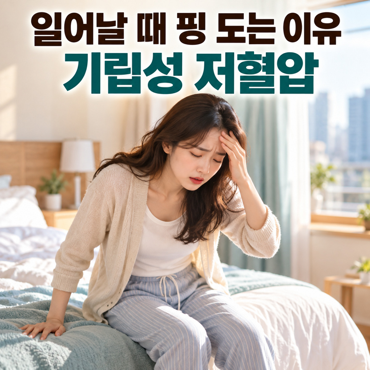 아침 침실에서 침대에 앉아 이마를 짚고 있는 여성과 기립성 저혈압을 설명하는 한국어 제목