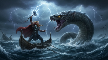 폭풍우 치는 바다에서 토르와 마주한 거대한 뱀 요르문간드 일러스트