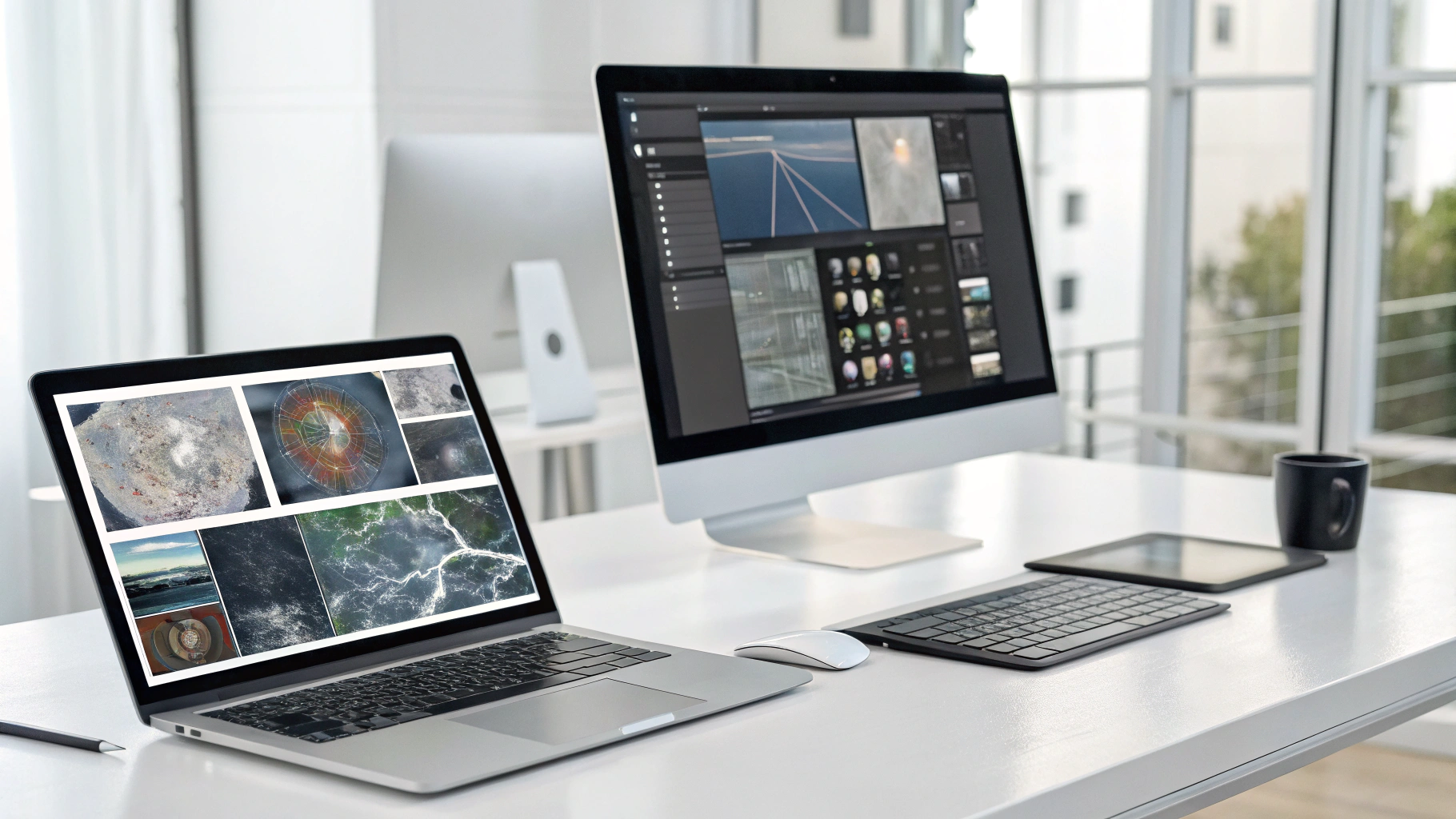 밝은 사무실 책상 위에 노트북과 데스크탑 모니터가 나란히 놓여 있으며, 두 화면 모두 위성 이미지나 항공 사진 편집 소프트웨어를 실행 중인 모습