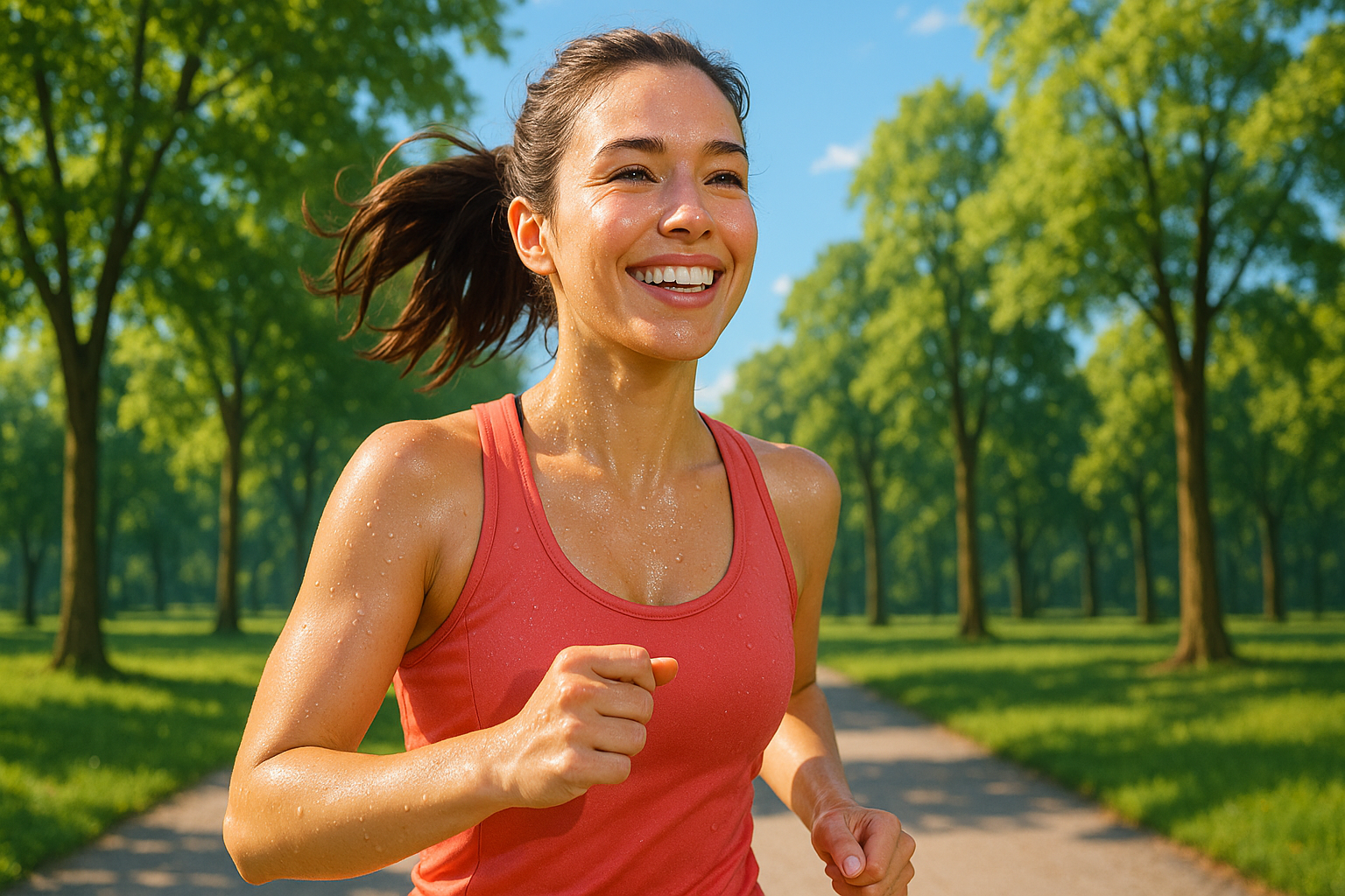밝은 여름 아침 햇살이 비치는 공원에서 운동복을 입은 젊은 여성이 상쾌하게 조깅하는 모습