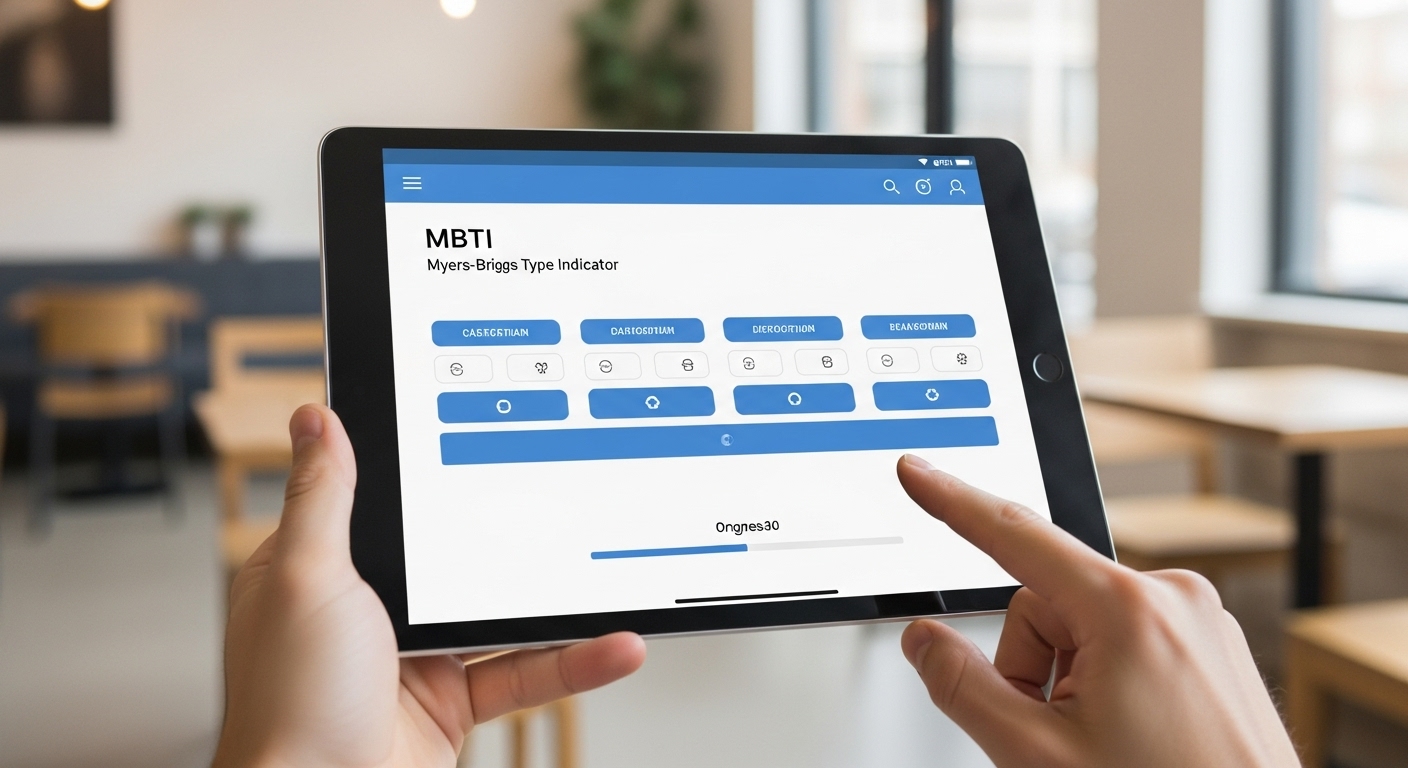제미나이 MBTI 진단 챗봇의 한국인 맞춤형 웹 앱 화면, 상호작용 가능한 질문과 진행 바가 보이는 태블릿.