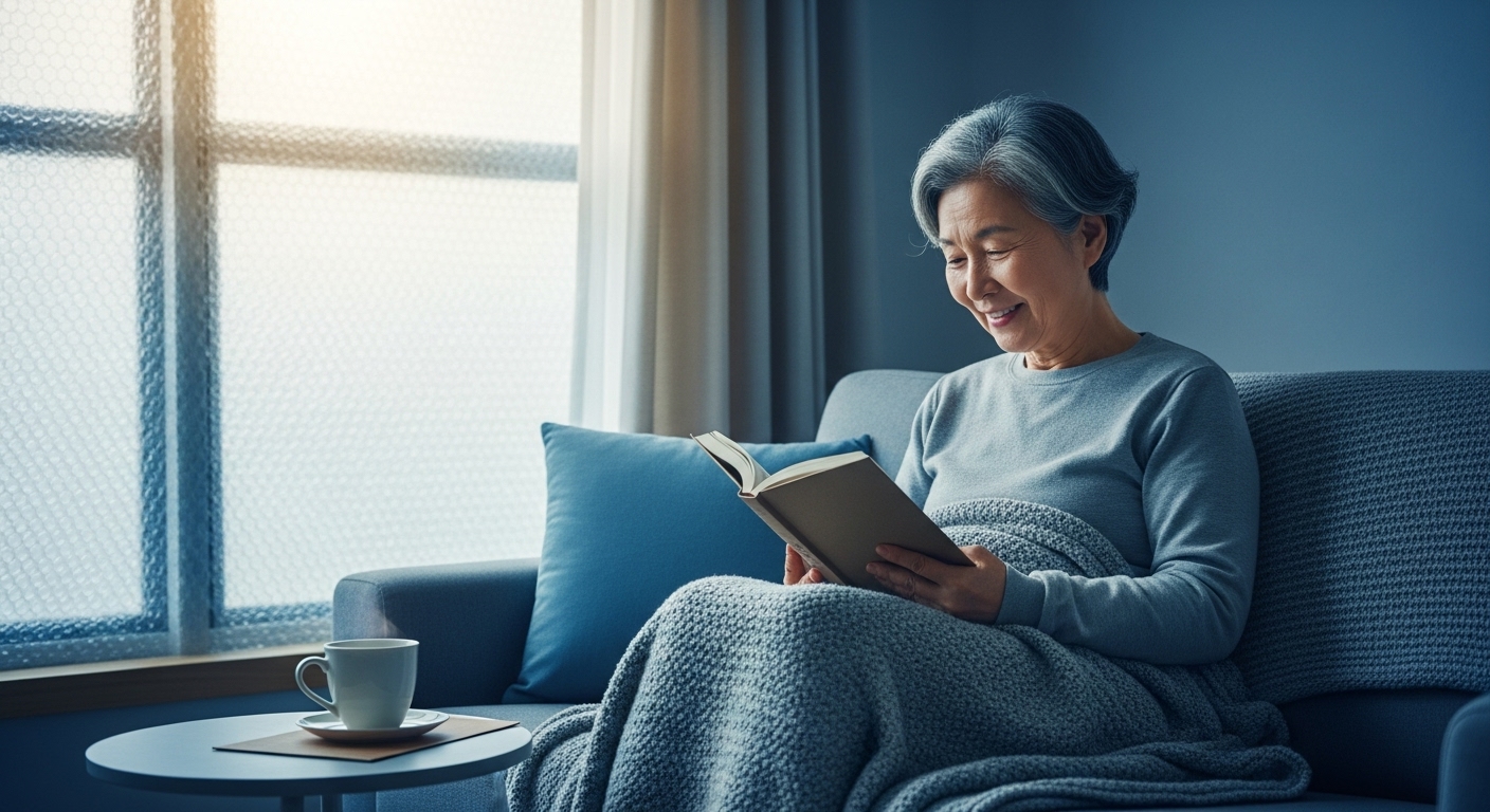 따뜻한 담요를 덮고 책을 읽는 시니어의 모습이 담긴 아늑한 거실. 창문에는 단열 필름이 붙어 있고, 따뜻한 차 한 잔이 놓여 있어 난방비 절약과 편안한 겨울나기를 상징합니다.