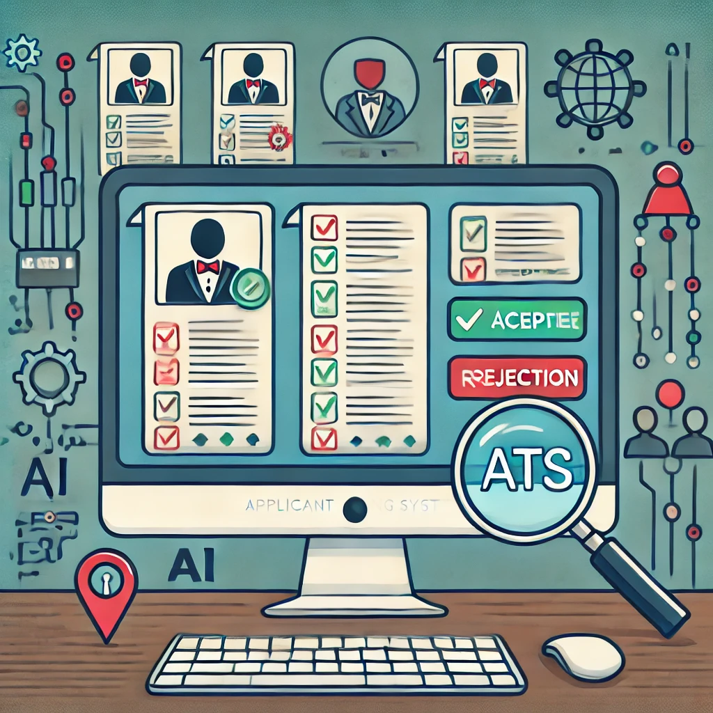 ATS 시스템이 이력서를 자동 검토하는 과정. 컴퓨터 화면에서 AI가 키워드를 감지하여 녹색(통과) 및 빨간색(불합격)으로 표시된 이력서를 분석하고 있음.
