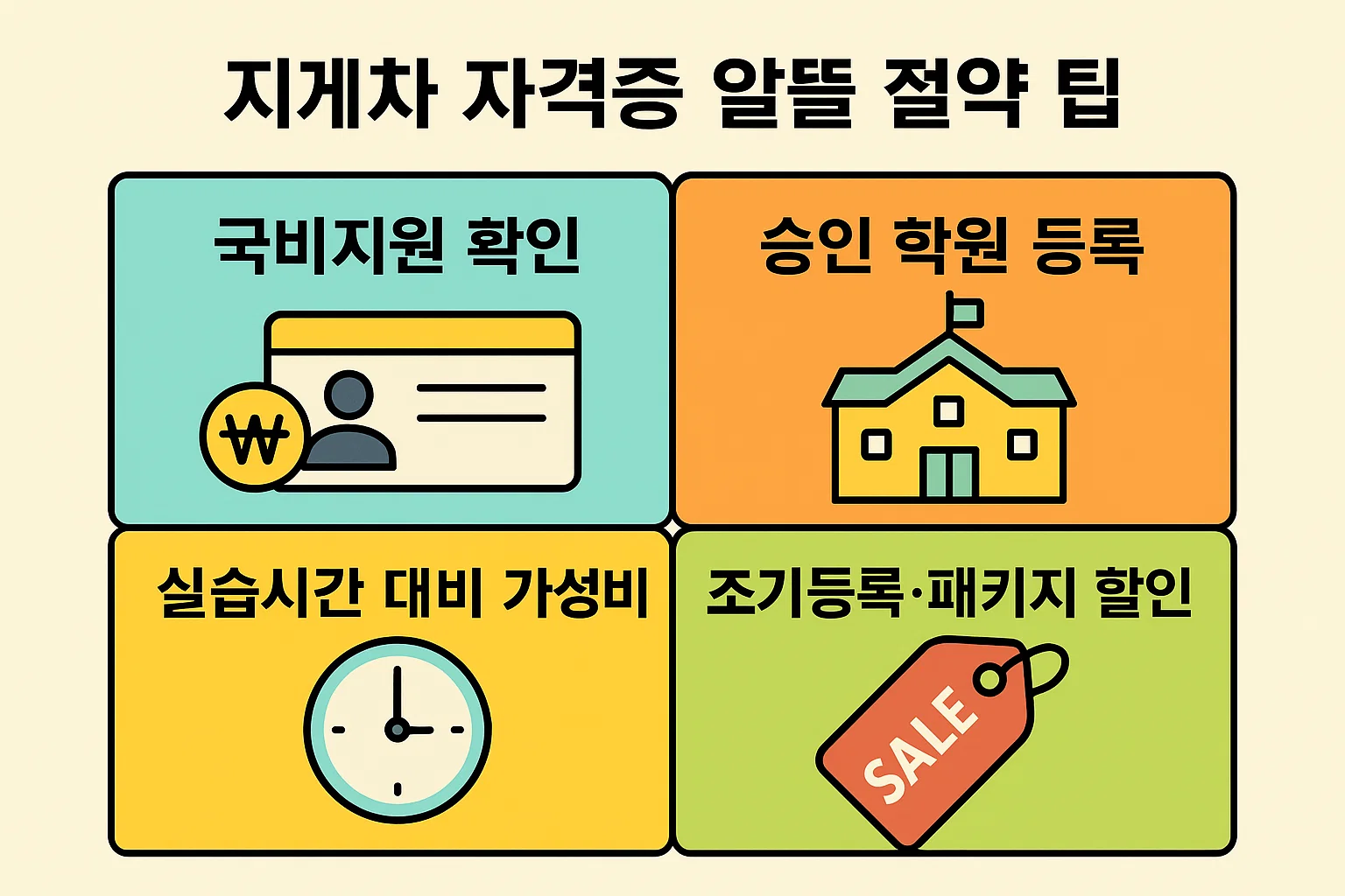 지게차운전기능사 자격증 취득 시 학원비를 절감할 수 있는 방법을 소개한 인포그래픽으로, 국비지원 확인, 승인 학원 등록, 실습시간 대비 가성비, 조기등록 및 패키지 할인 등 효율적인 수강 전략을 정리한 이미지입니다.