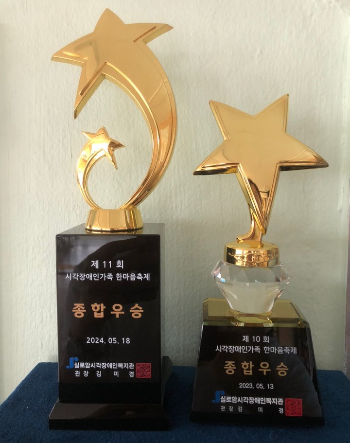 이미지 설명: 한마음축제 종합우승 트로피의 모습. 왼쪽은 11회, 오른쪽은 작년인 10회의 트로피로 두개의 트로피가 나란히 놓여있다.