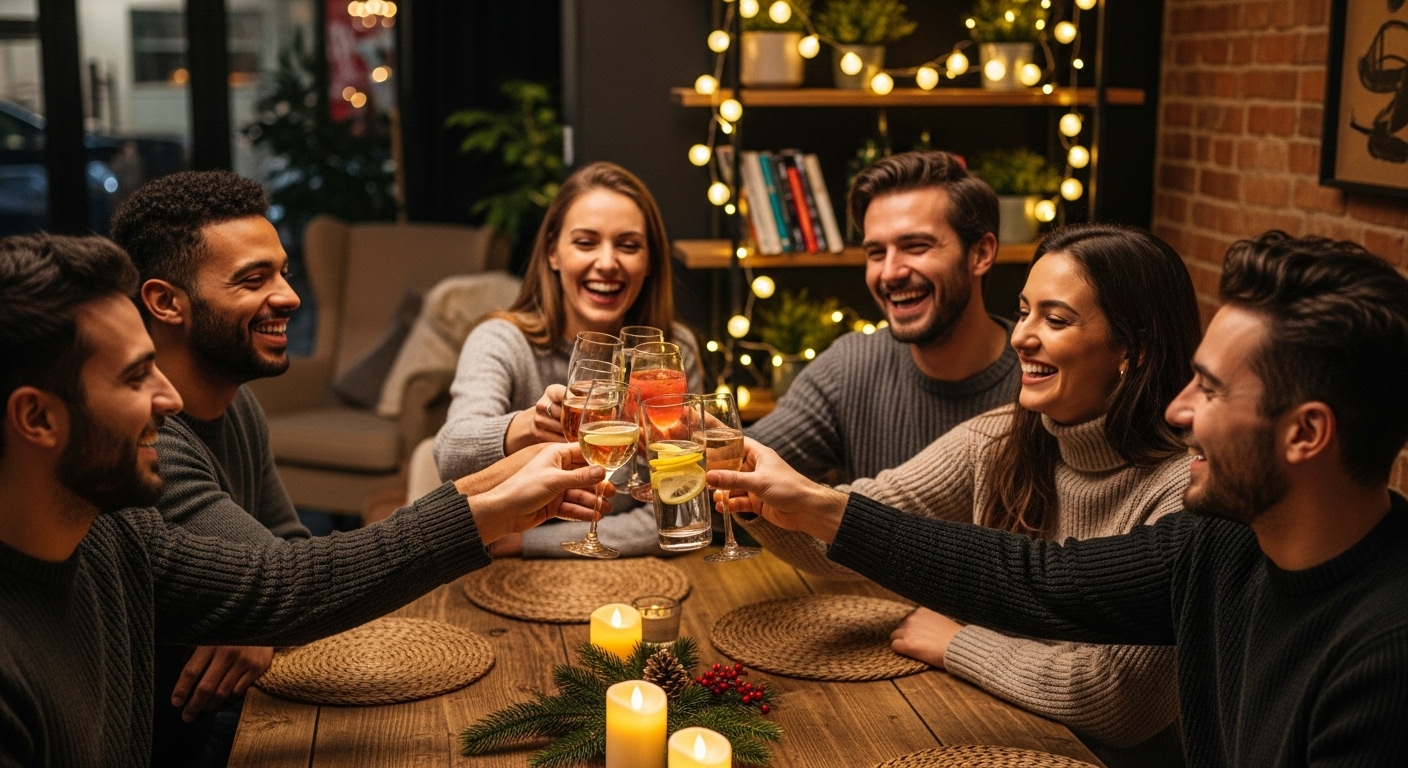 친구들이 따뜻한 공간에서 웃으며 잔을 부딪치고, 연말의 즐거운 분위기를 만끽하는 모습
