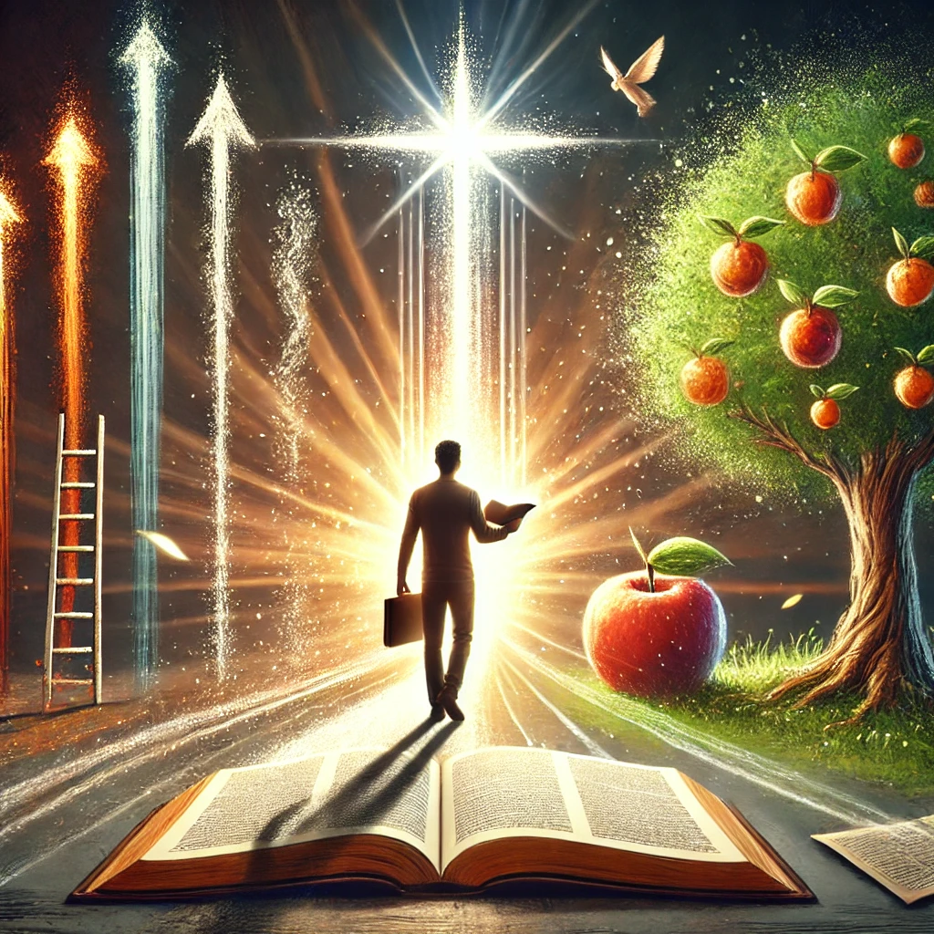 Here is the image depicting a person confidently standing with an open Bible, moving away from worldly methods and embracing God's promises. It captures the journey of living by faith and bearing the fruits of God's blessings.