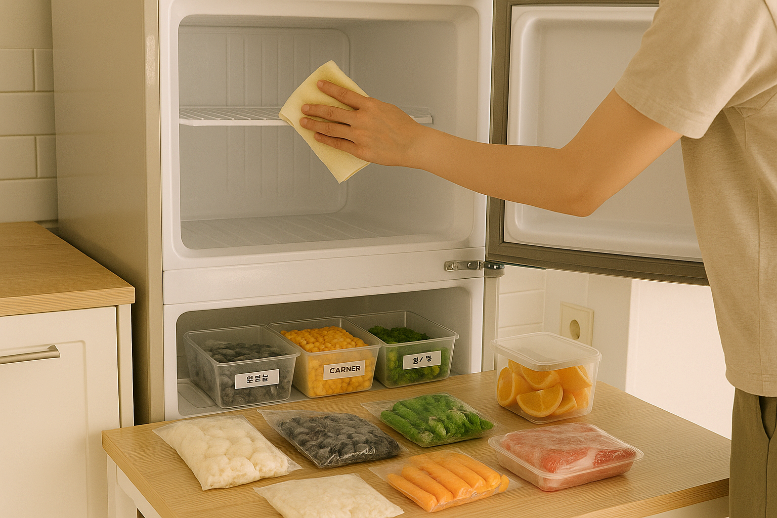 냉동실에서 식재료를 꺼내고 청소하는 모습