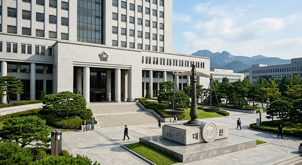 법원 건물과 저울 조형물, 진지한 낮 풍경