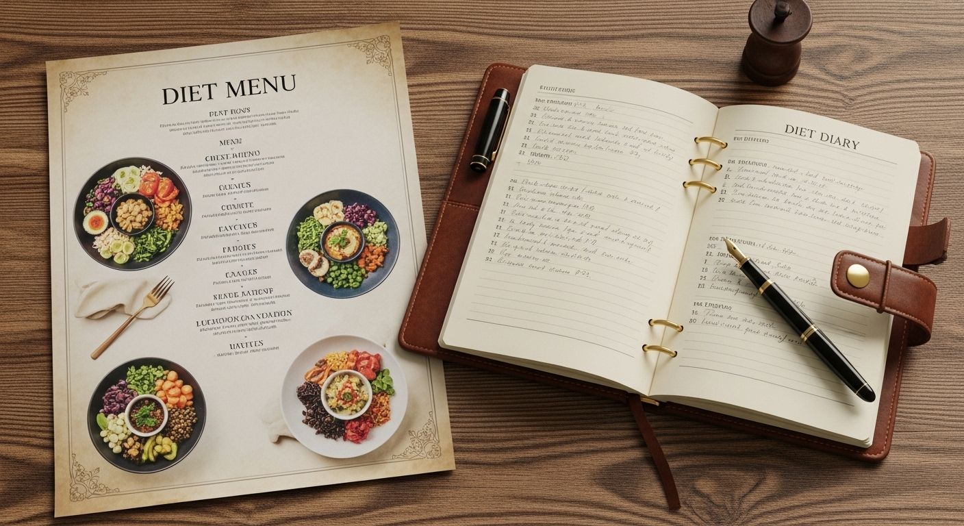 다이어트 식단과 식단 기록 노트가 함께 놓인 모습