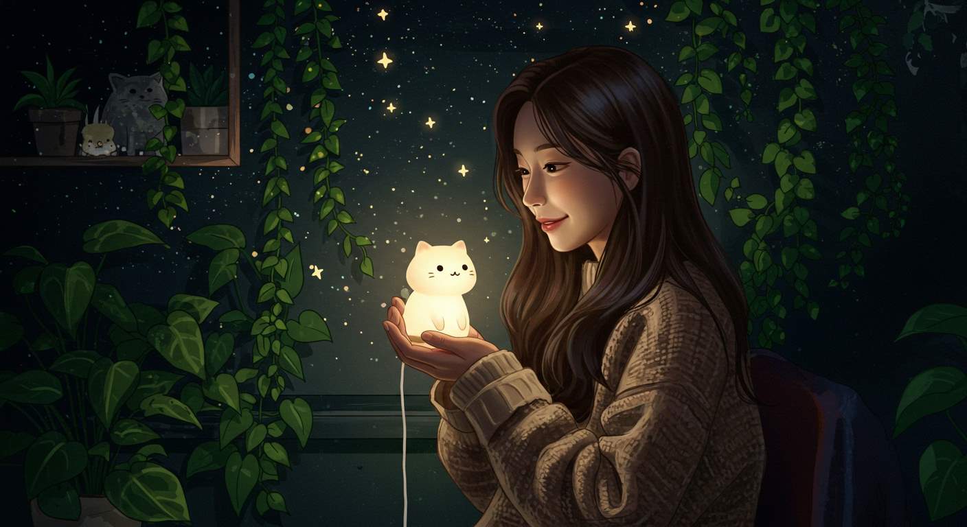 고양이 집사를 위한 감성 선물 BEST 힐링과 실용을 담은 고양이 선물 추천, Whimsical illustration of a person holding a tiny cat-shaped lamp in a dark room, glowing softly, surrounded by stars and plants