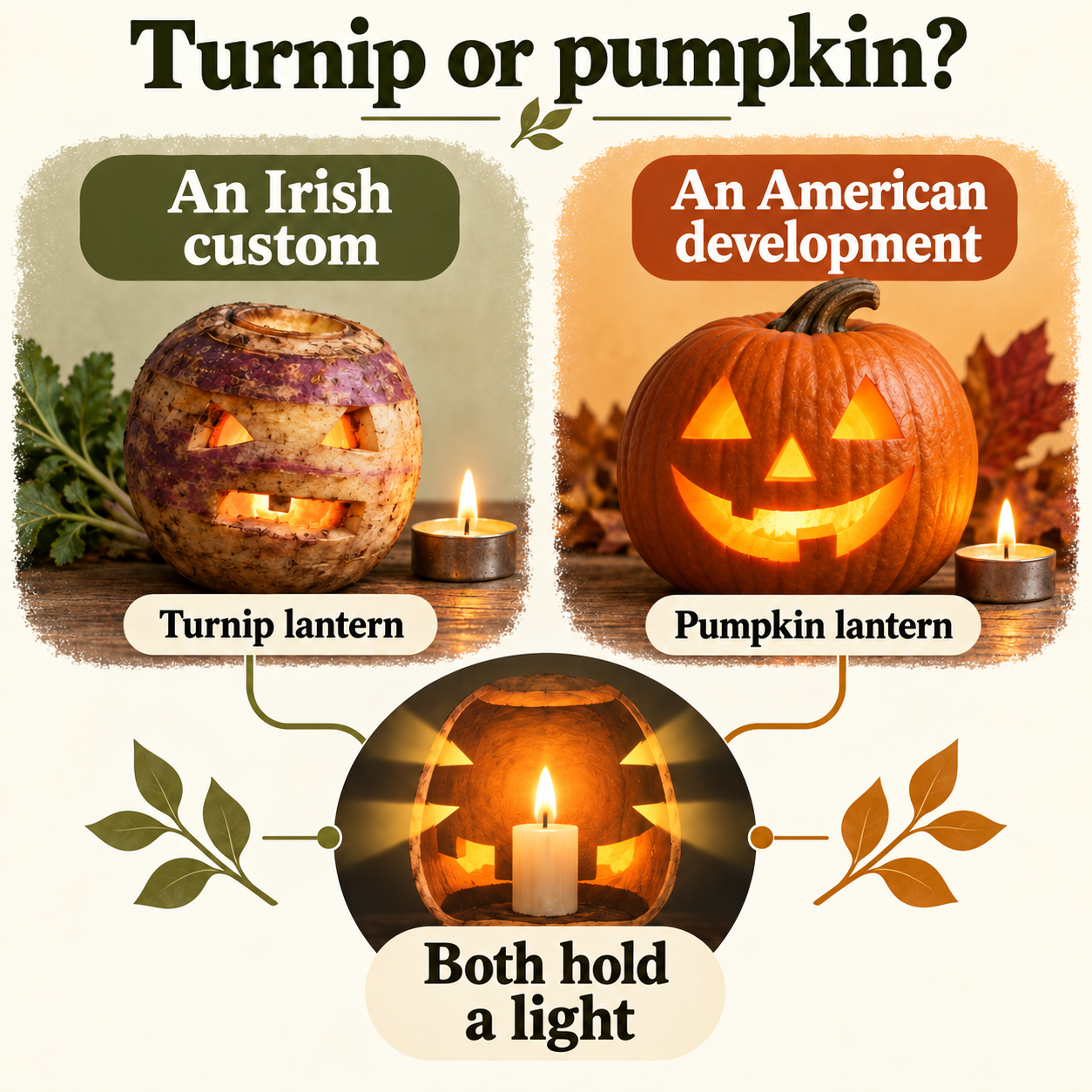 Irish turnip lanterns and an American pumpkin development, both with light inside