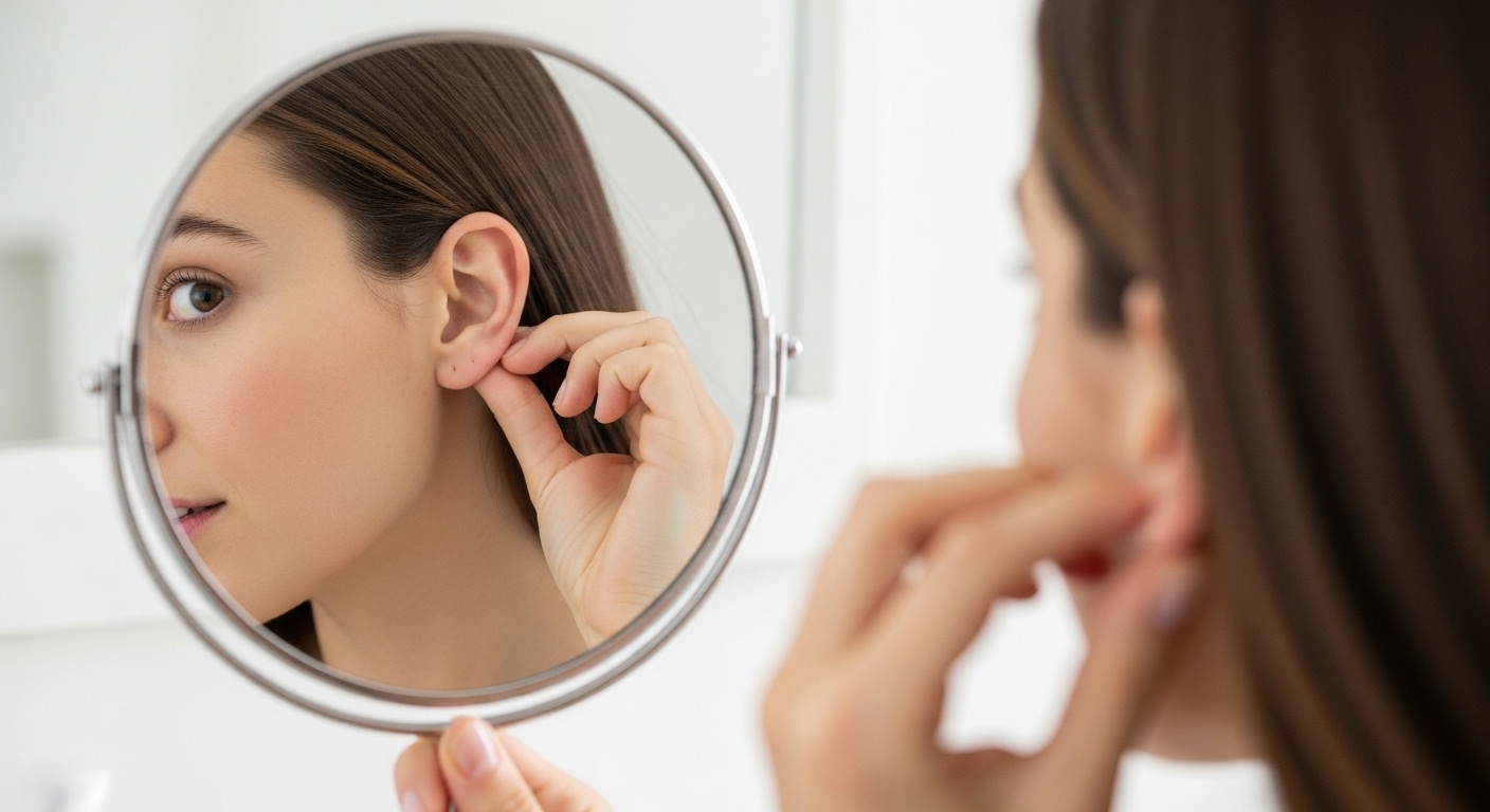 한 사람이 손거울을 들고 자신의 귓볼을 살짝 당겨 주름이 있는지 자세히 관찰하는 모습.