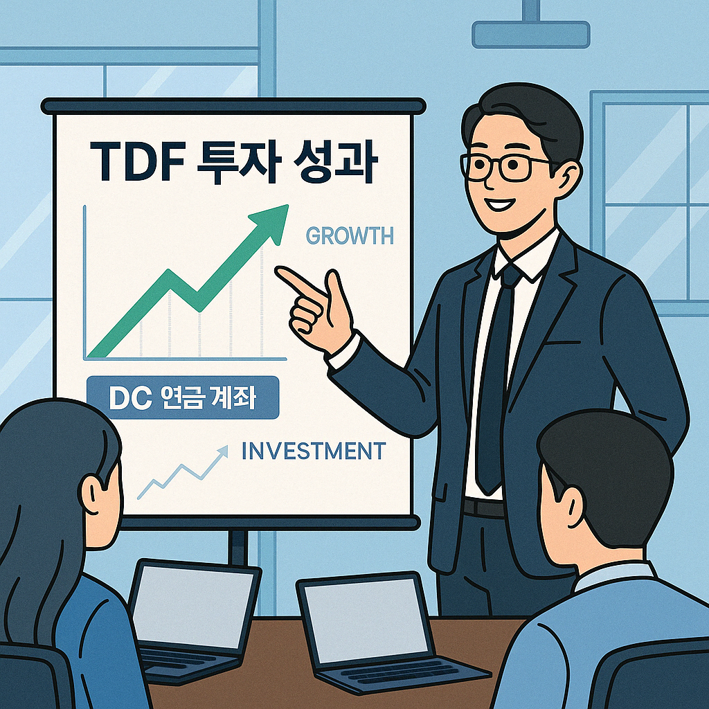 TDF 투자 성과를 설명하는 미백남과 DC 연금 계좌 관련 프레젠테이션 장면