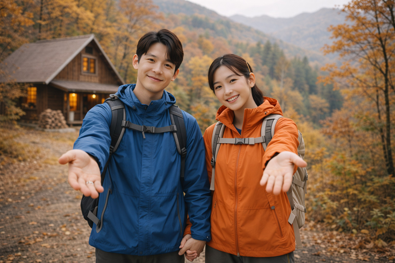 등산복을 입은 젊은 부부가 손을 잡고 한 손을 내밀어 함께 가자고 초대하는 따뜻한 모습