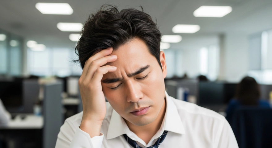 사무실에서 피곤한 표정으로 머리를 잡고 있는 직장인 남성