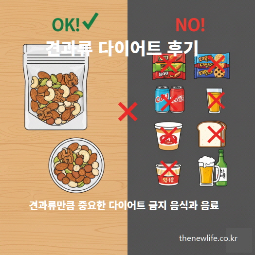 견과류 다이어트 후기 – 생견과류는 OK, 과자와 탄산음료, 빵, 술 등은 다이어트 금지 음식으로 표시된 이미지