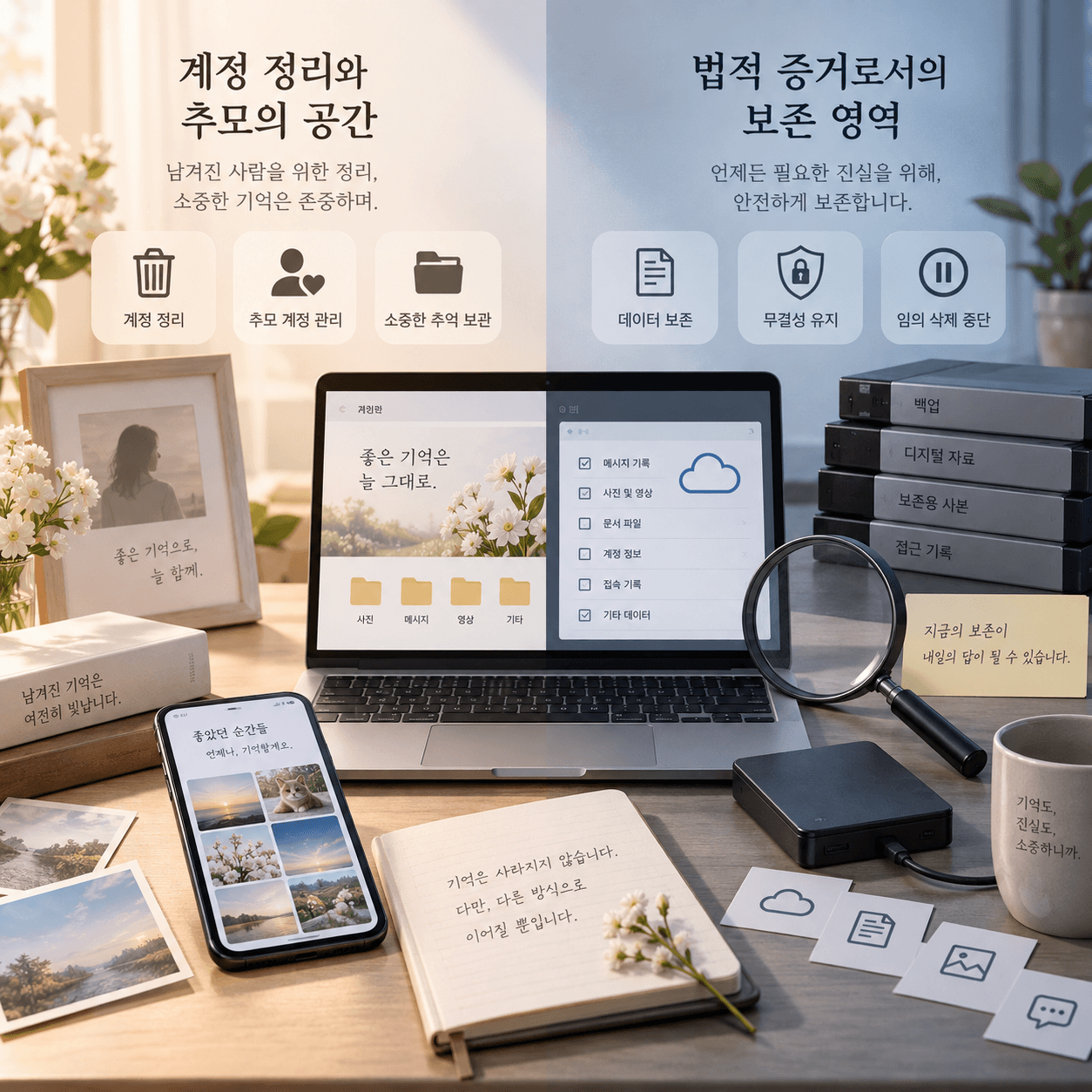 디지털 기록 보존과 수사 절차의 차이를 설명하는 개념 이미지