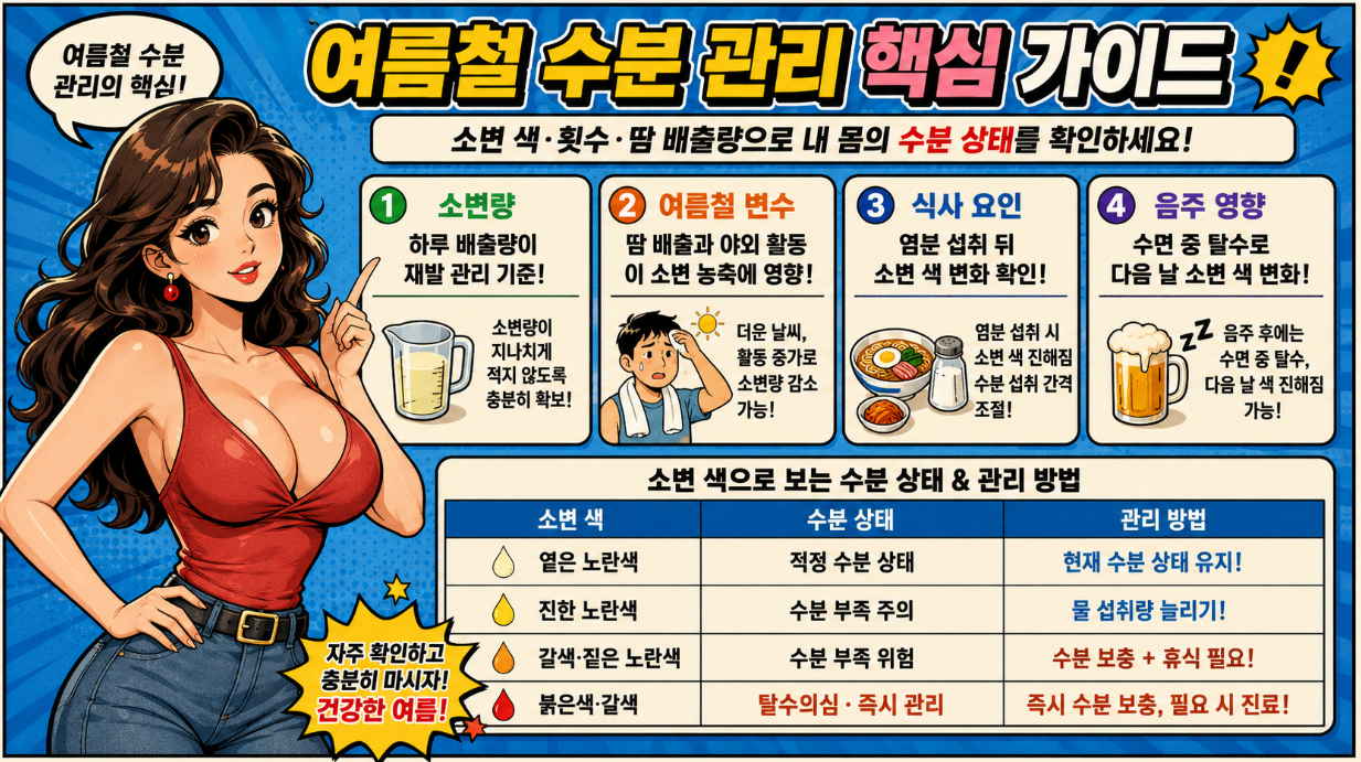 요로결석 재발 예방을 위한 여름철 수분 관리 핵심 기준을 소변량, 땀 배출, 음식, 음주 영향으로 정리한 만화형 건강 인포그래픽