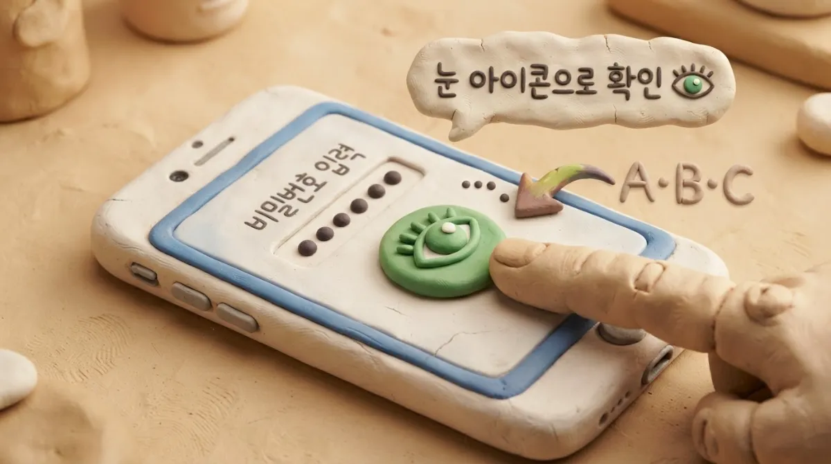 스마트폰 비밀번호 입력창 옆에 점(&bull;&bull;&bull;&bull;)과 함께 표시된 눈 모양 비밀번호 표시 아이콘을 클레이 캐릭터로 표현한 이미지