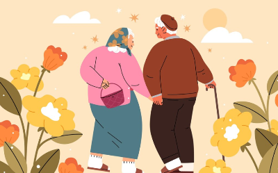 손 마주잡고 꽃길을 걷는 노부부 일러스트