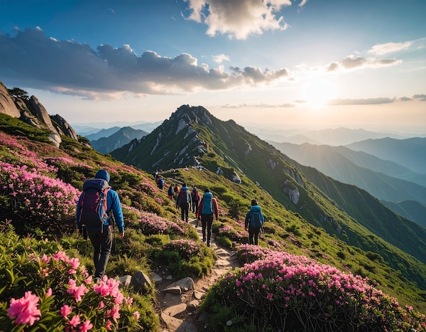 황매산철쭉축제 철쭉길 따라 걷는 등산객들