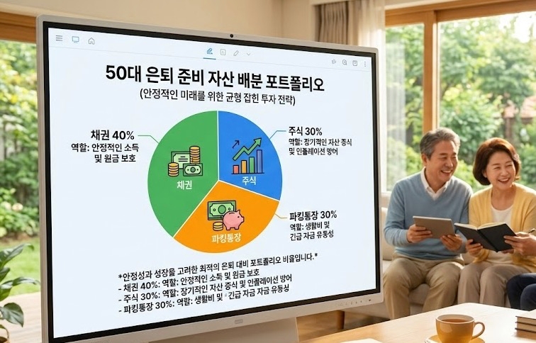 50대 은퇴 준비를 위한 주식, 채권, 파킹통장 자산 배분 포트폴리오 비율 원형 그래프