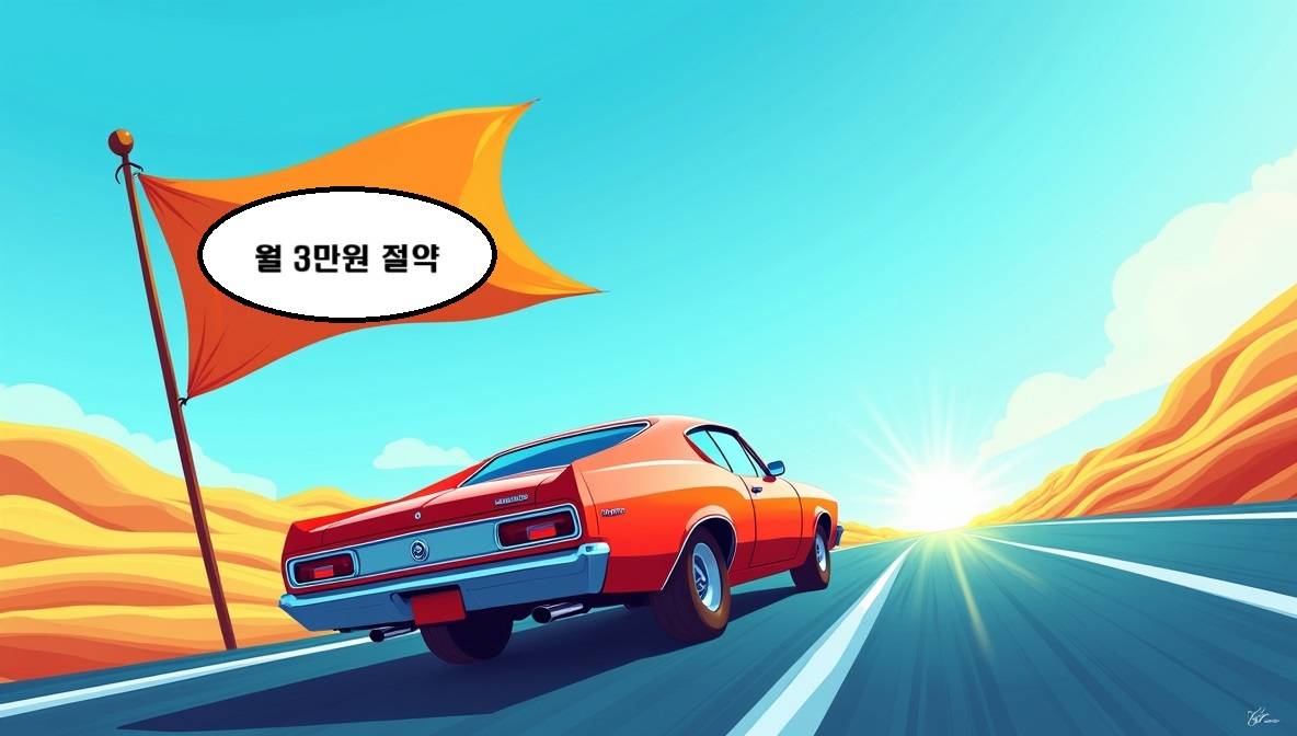 고속도로를 시원하게 달리는 자동차와 함께 '월 3만원 절약'이라는 문구가 다이내믹하게 표현된 이미지