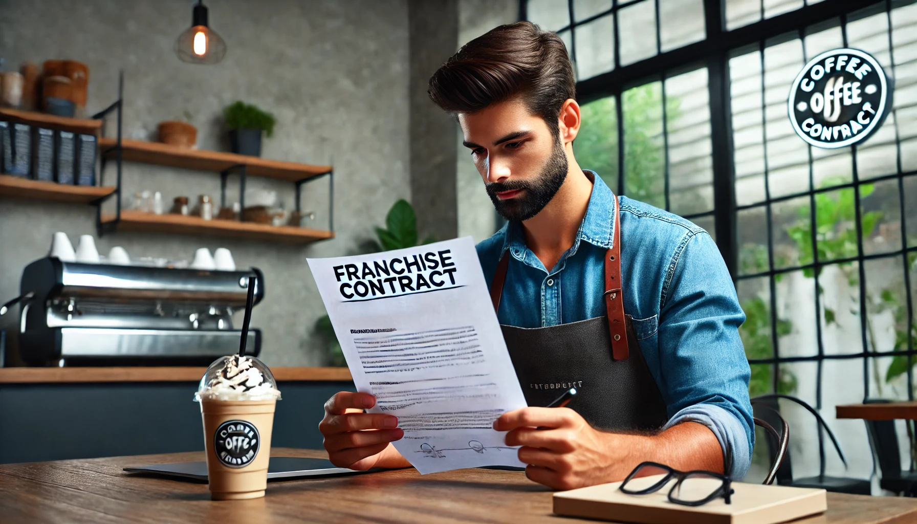 프랜차이즈 계약서를 검토하는 커피 창업자