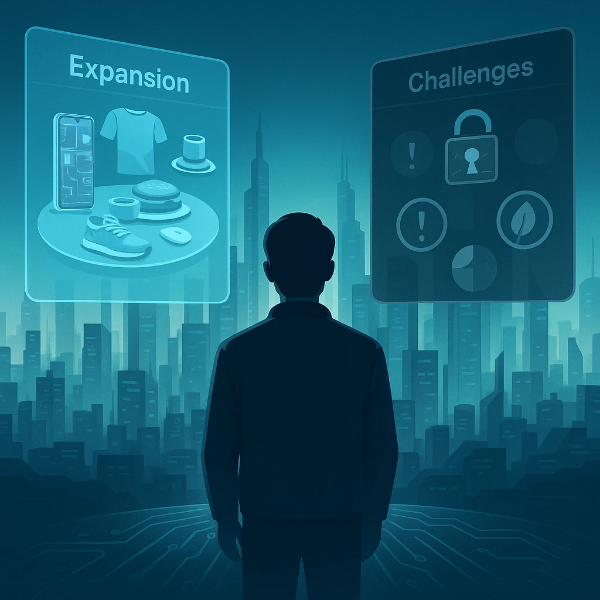 사이버톤 미래 도시 위에 양쪽으로 떠 있는 인터페이스 창을 바라보는 인물의 뒷모습, 각 창에는 커스터마이징 제품과 해결 과제를 상징하는 아이콘들이 표현된 디지털 일러스트