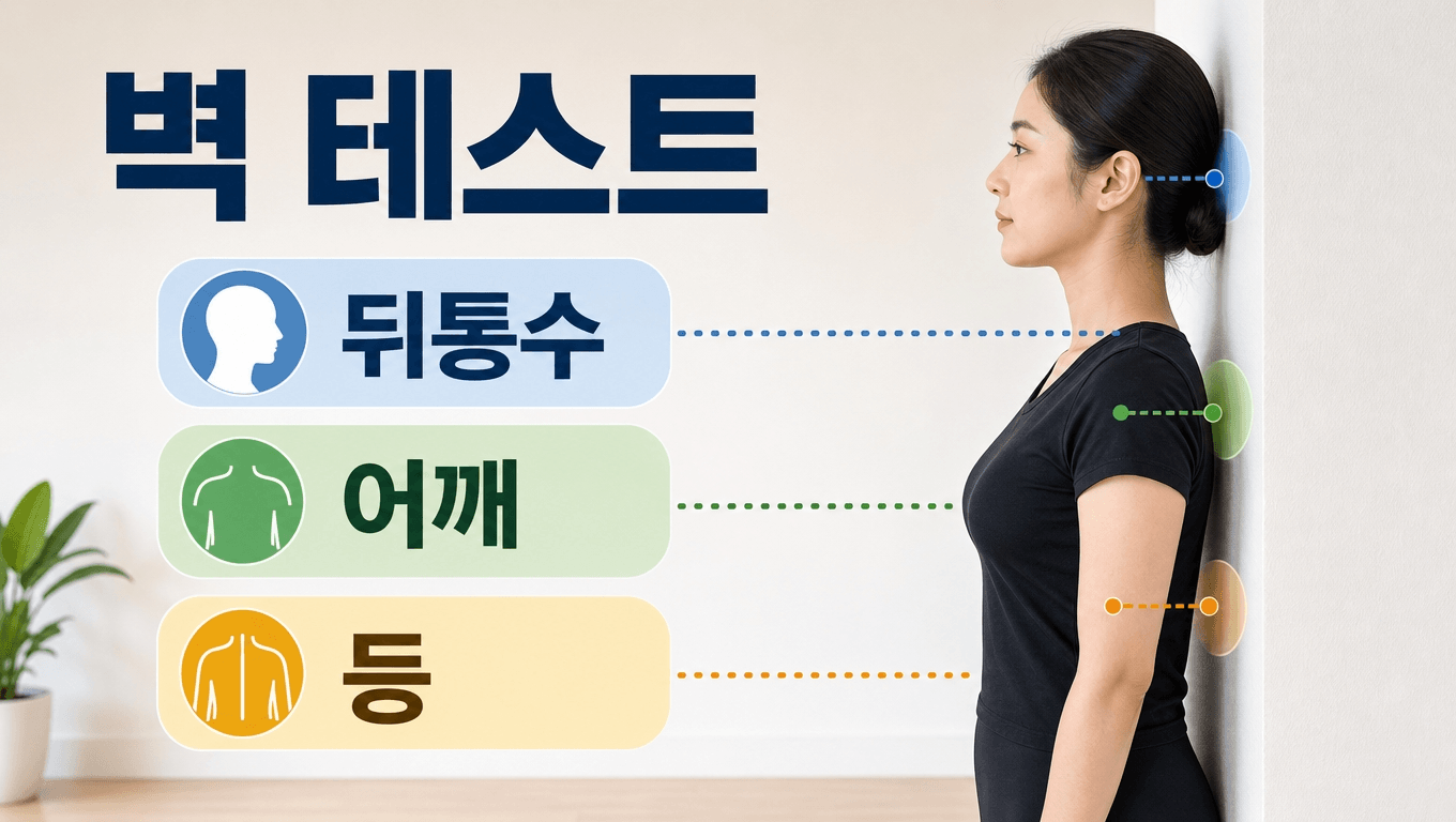 벽에 기대어 목과 뒤통수 위치를 확인하는 자세 체크 예시