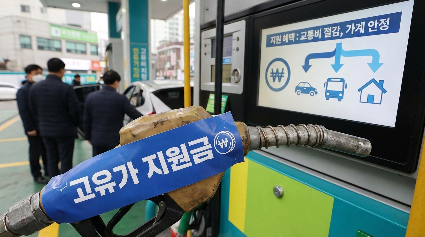 2026년 고유가 피해지원금 신청을 준비하는 한국 소상공인과 주유비 지원 혜택 이미지