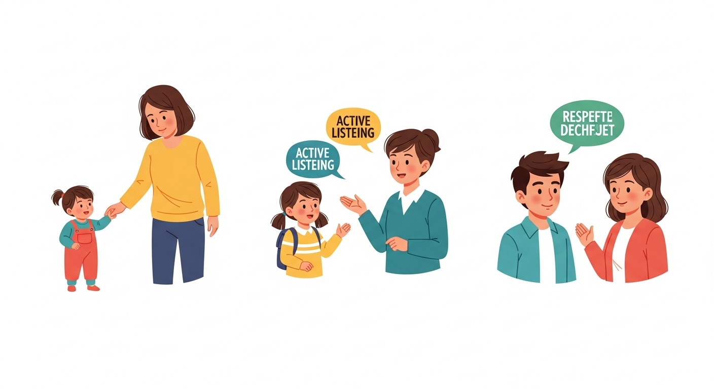 영유아부터 청소년까지 연령대별 아이들이 부모와 긍정적으로 소통하는 다양한 모습의 일러스트.