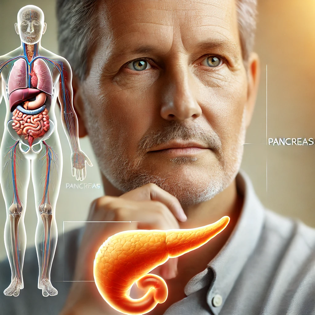 중년 남자 이미지와 췌장의 위치 및 모양을 표현한 이미지
