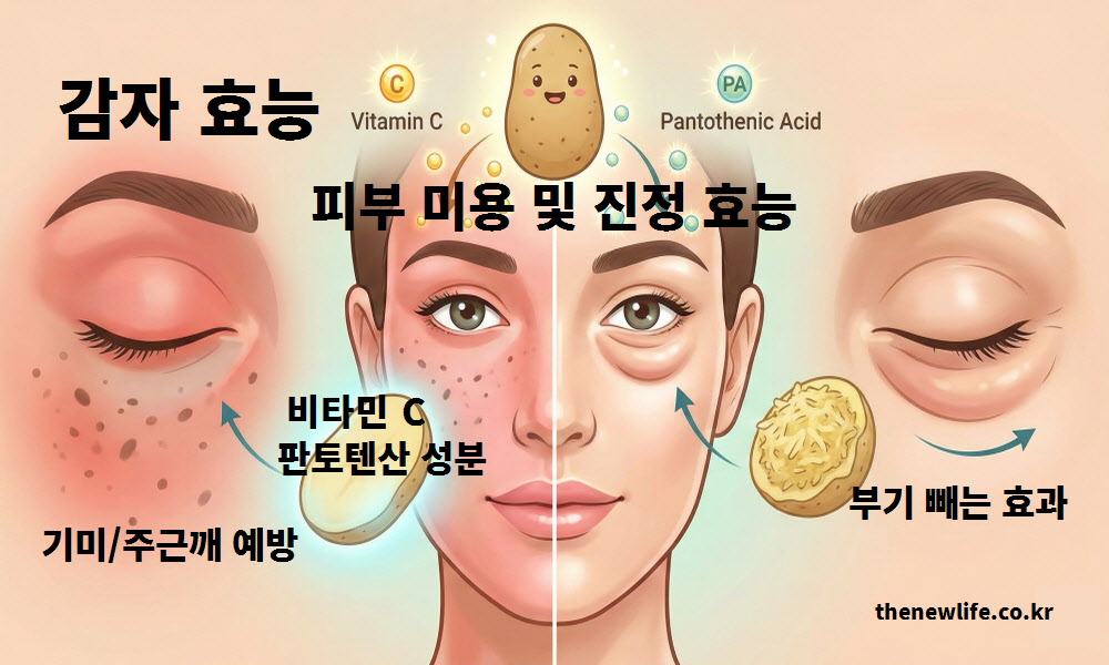 감자의 비타민C와 판토텐산 성분이 멜라닌 생성을 억제하여 기미와 주근깨를 예방하고, 피부 진정 및 부기 빼는 효과를 설명한 감자 피부 미용 효능 인포그래픽