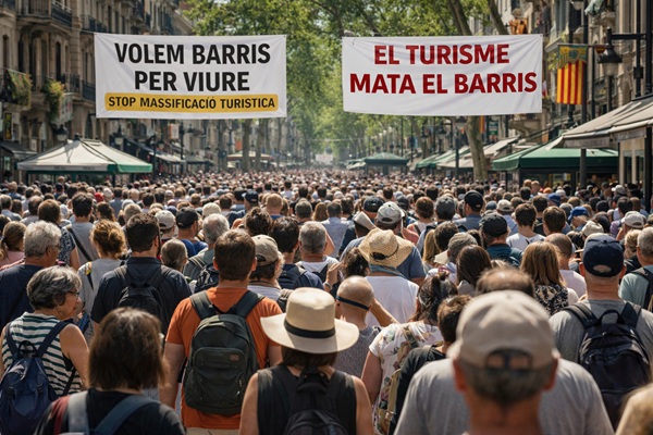 바르셀로나 오버투어리즘 반대 배너 모습