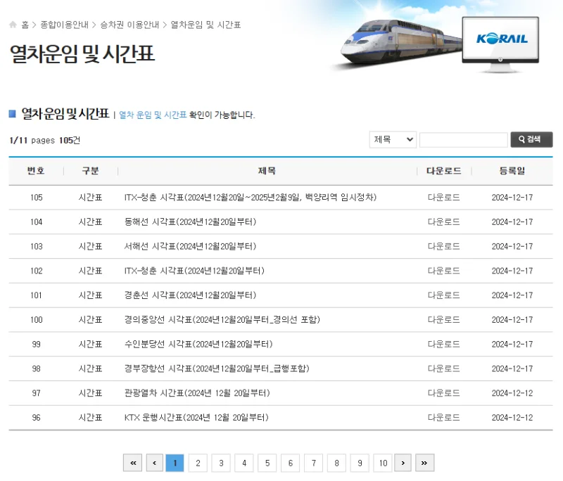 KTX 열차 시간표 - 주요 노선별 출발 및 도착 시각