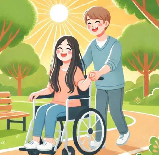 휠체어에 앉아 있는 여성 장애인을 비장애인 남성이 케어해 주고 있는 모습