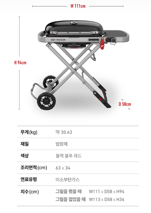 웨버 트래블러 가스그릴 제품 사양