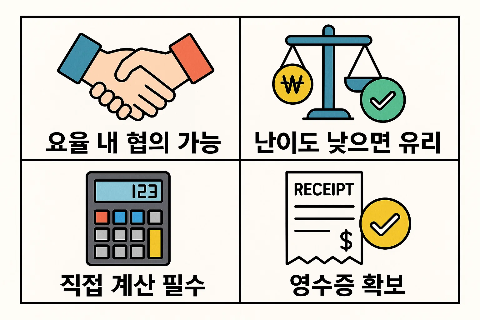 요율 내 협의 가능성, 난이도와 조건에 따른 유리한 선택, 직접 계산 필요성, 영수증 확보 등 월세 중개수수료 협상과 절약을 위한 핵심 체크포인트를 정리한 인포그래픽 이미지